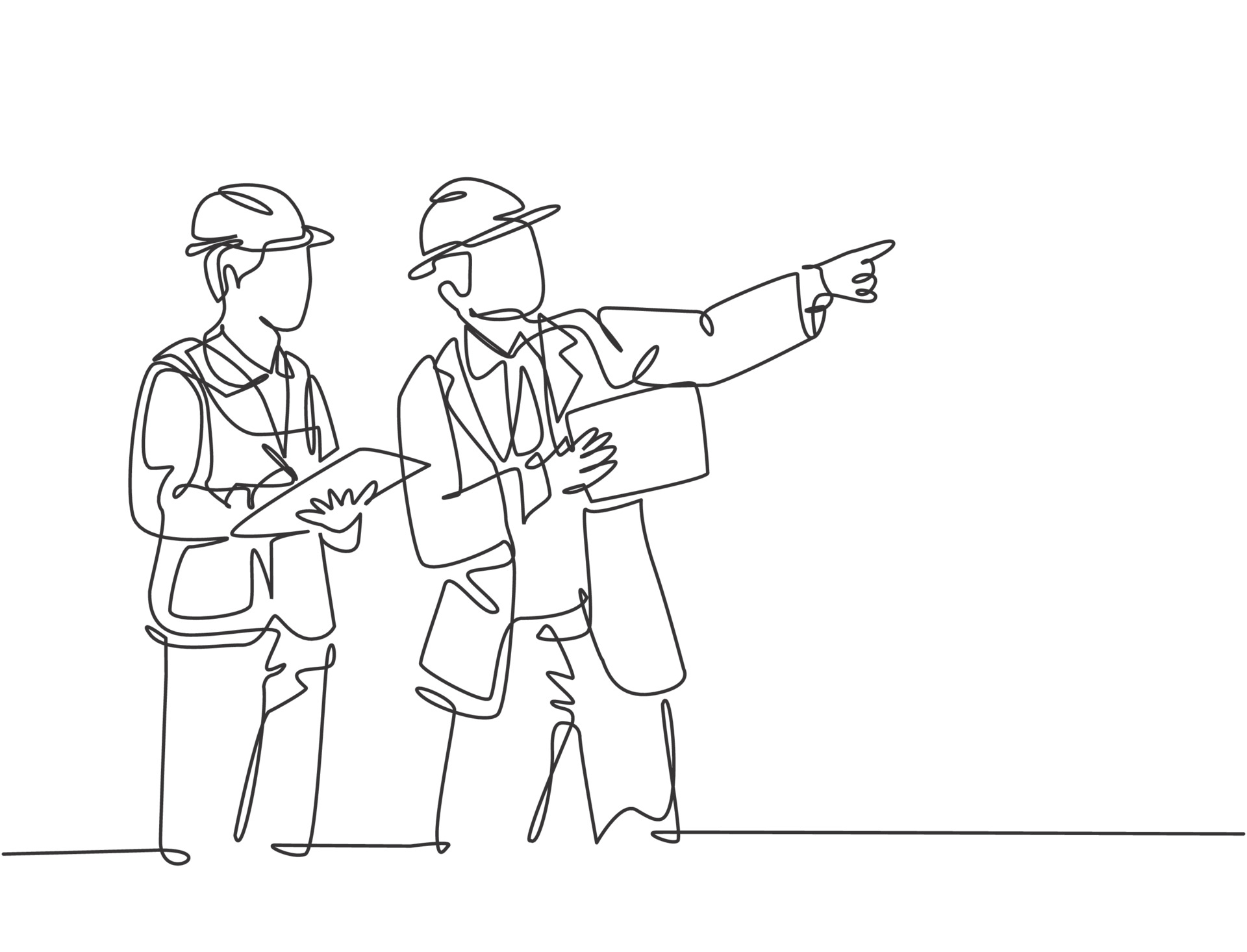 single-continuous-line-drawing-of-young-architect-and-house-builder-discussing-residence-blueprint-with-consultant-home-construction-planning-concept-one-line-draw-graphic-design-illustration-vector